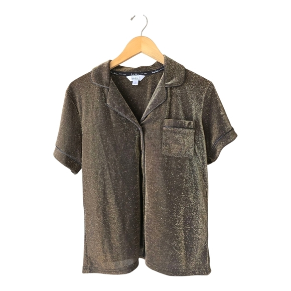 Nicole Miller Metallic Shirt Women Sz M Button Up Short Sleeves Normcore Classic - Picture 1 of 12